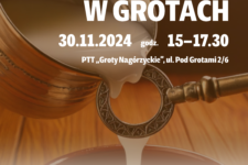 Plakat informuje o wydarzeniu w PTT Groty Nagórzyckie. Andrzejki odbędą się 20 listopada w godz. 15-17.30.